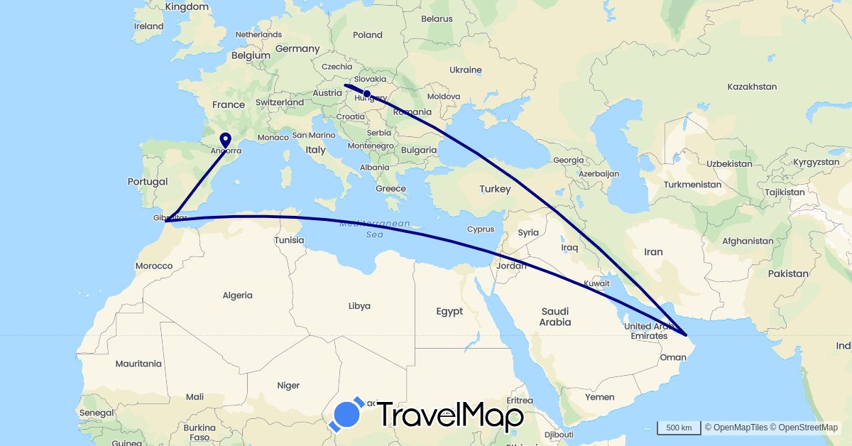 TravelMap itinerary: driving in Andorra, Austria, Spain, Hungary, Morocco, Oman, Slovakia (Africa, Asia, Europe)
